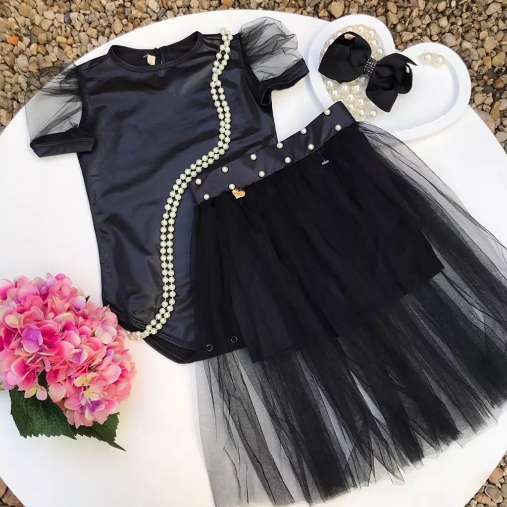 Conjunto Infantil Body e Saia de Tule Preto Fashion Princess Yoyo