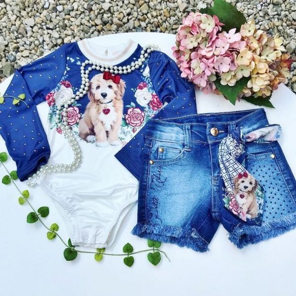 Conjunto Infantil Body e Shorts com Lenço Floral e Cachorrinha Petit Cherie