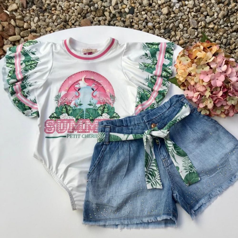 Conjunto Infantil Body e Shorts Jeans Verão dos Flamingos Branco Petit Cherie