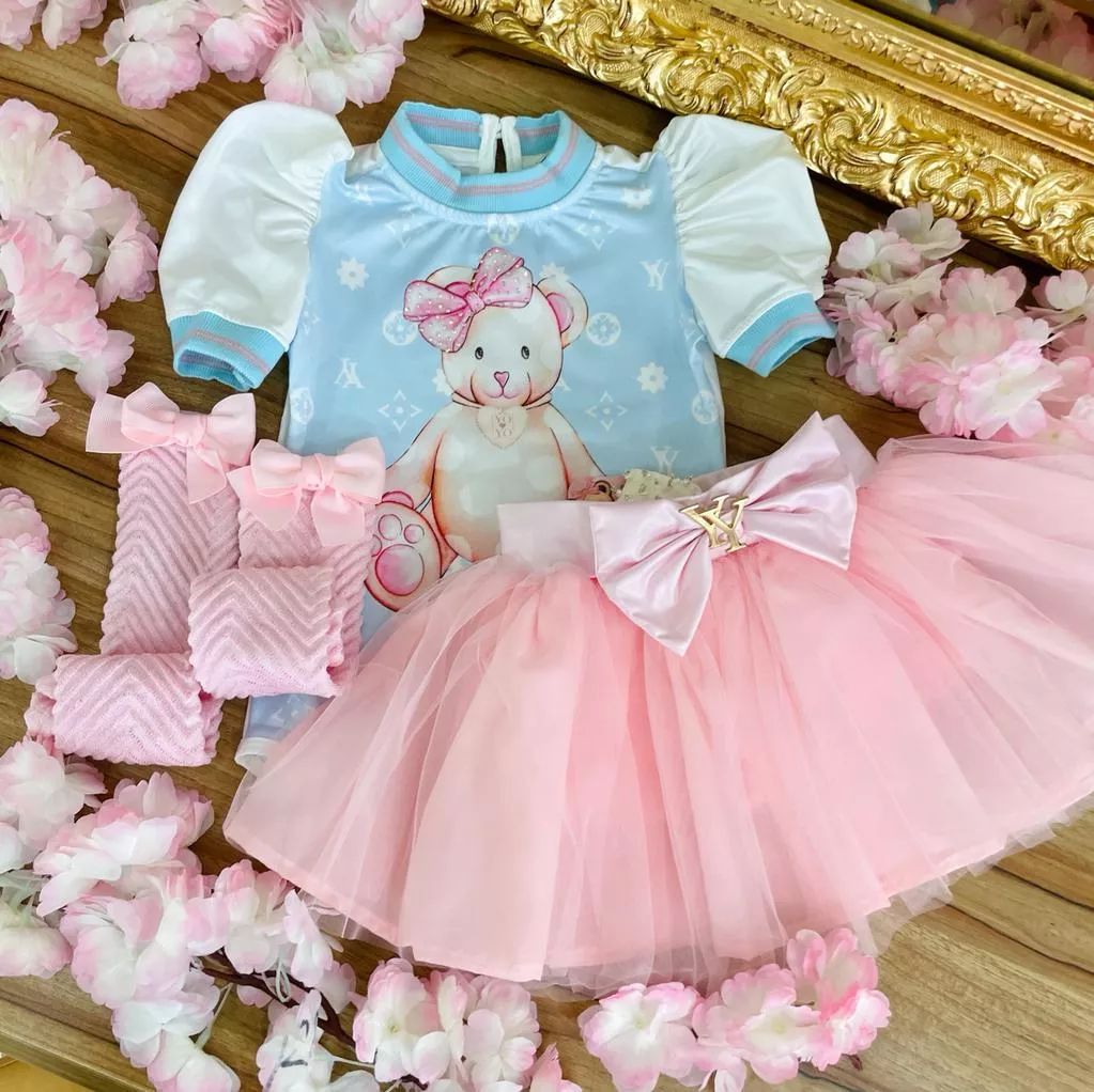 Conjunto Infantil Body Manga Curta Bufante Azul com Ursa e Saia Rosa com Tule Yoyo