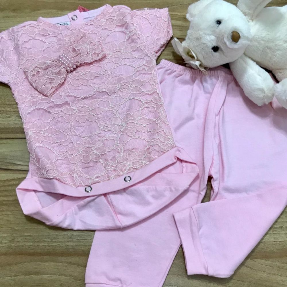 Conjunto Infantil Body Rendado e Legging Rosa Laço e Perolas Baby Drilú