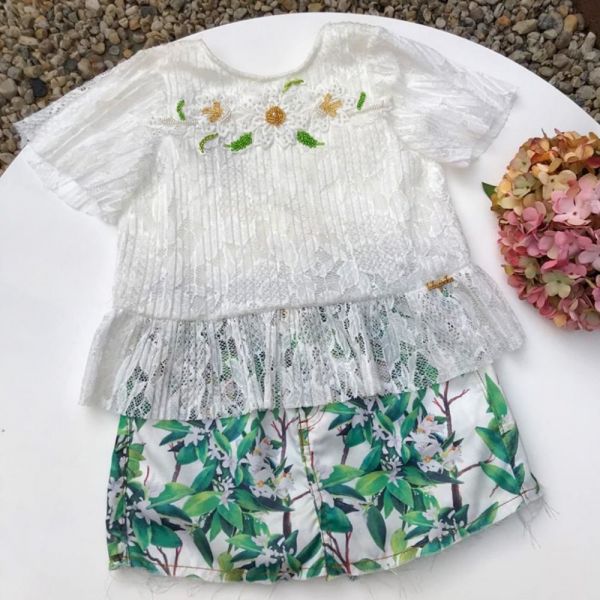 Conjunto Infantil com Bata de Renda Bordada Floral Tropical Off White Luluzinha
