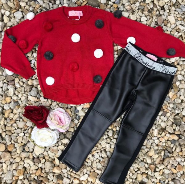 Conjunto Infantil com Blusa de Tricot e Pom Pons Lovely Vermelho Pituchinhus