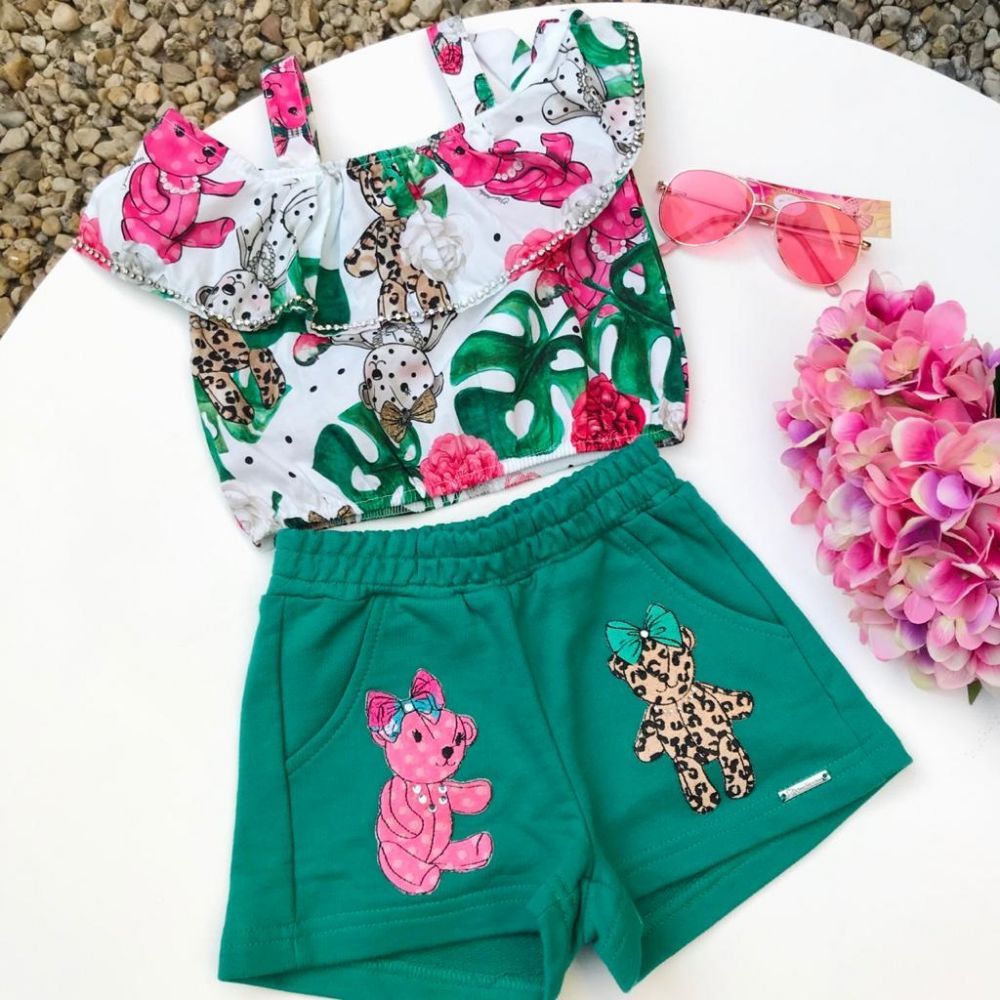 Conjunto Infantil com Shorts de Moletom Floral e Ursinhos Verde Pituchinhus