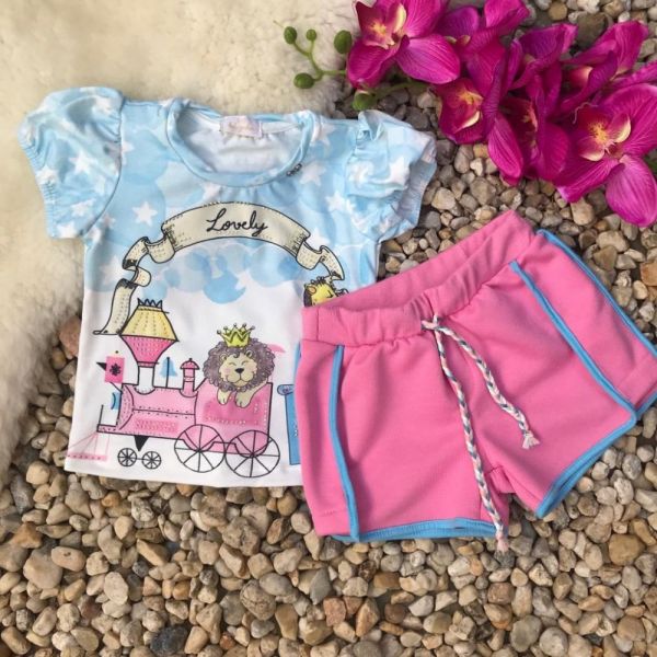 Conjunto Infantil com Shorts de Moletom Trenzinho dos Bichinhos Rosa e Azul Luluzinha