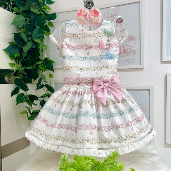 Conjunto Infantil de Festa Luxo Kopela Branco Floral Blusa Borboletas 3D e Saia com Sobrep. em Tule