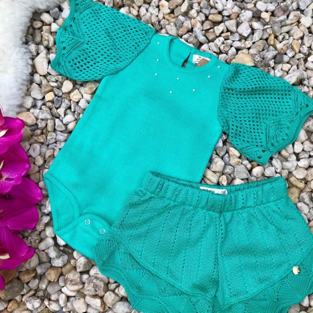 Conjunto Infantil de Tricot Body e Shorts Verde Esmeralda Mini Lady