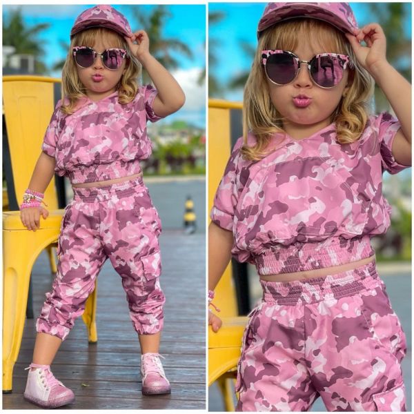 Conjunto Infantil Estampado Rosa Camuflado Calça Jogger Bolso Externo Yoyo