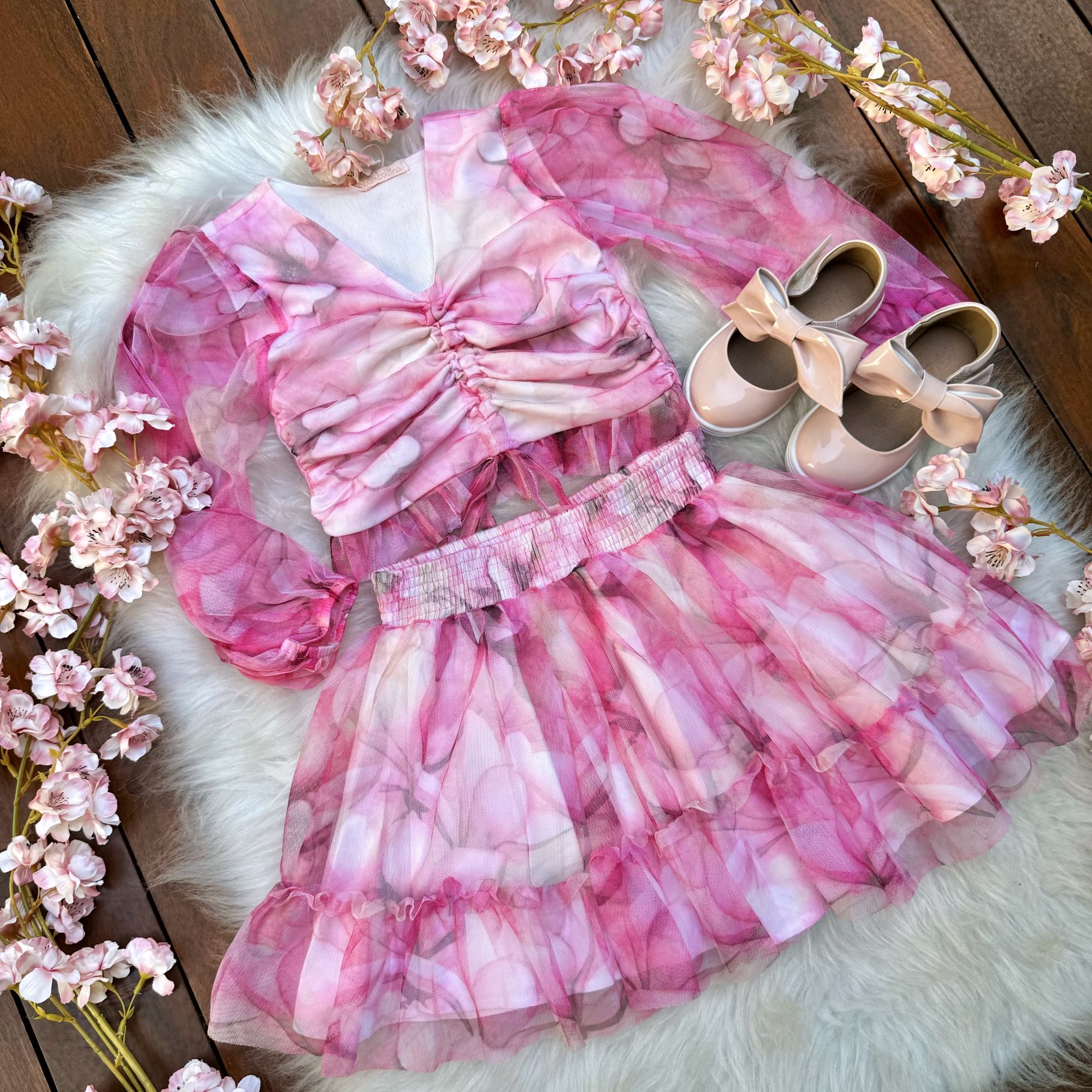 Conjunto Infantil Feminino Bambollina Pink Floral Sobrep. Tule Blusa Cropped Saia Plissada
