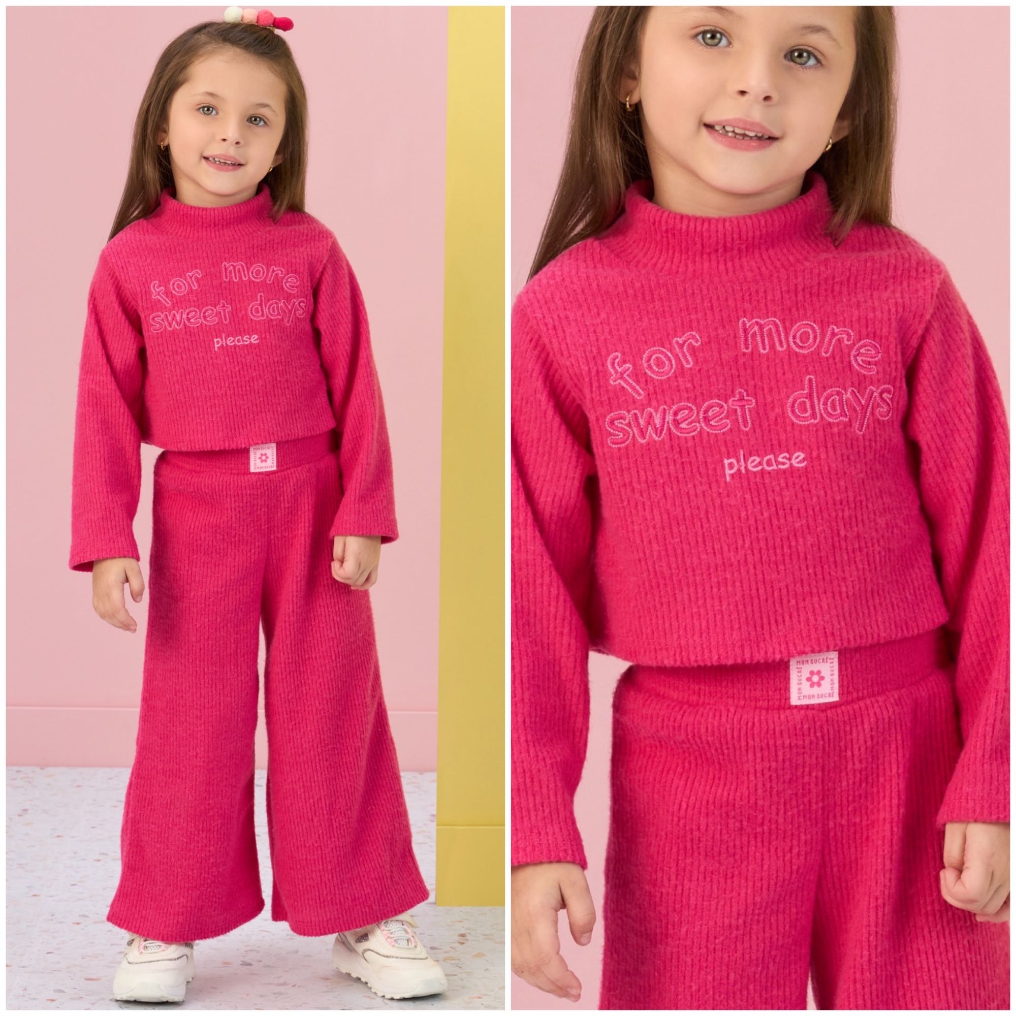 Conjunto Infantil Feminino Mon Sucré Pink Veludo Cotele Blusa Cropped Calça Flare
