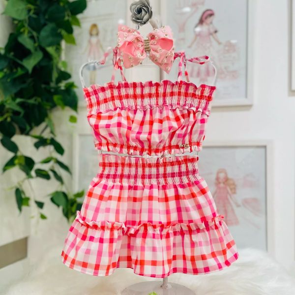 2023 verão moda infantil xadrez conjunto meninas casual legal três