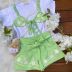 Conjunto Infantil Feminino Petit Cherie Blusa Branca Biquini e Shorts Verde Bordado Crochê Floral