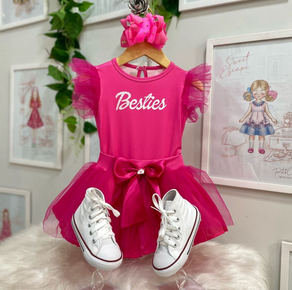 Vestido Barbie Branco e Rosa Tule Luxo Menina Infantil