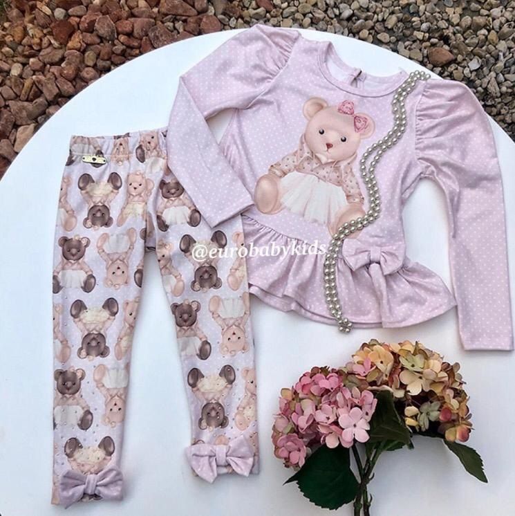 Conjunto Infantil Legging e Blusa Rosa Ursinhas Elegantes Yoyo