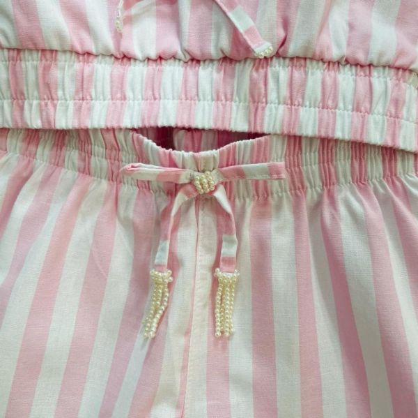 Conjunto Infantil Luluzinha Três Peças Rosa e Branco Blusa Cropped Shorts e Camisa Listras