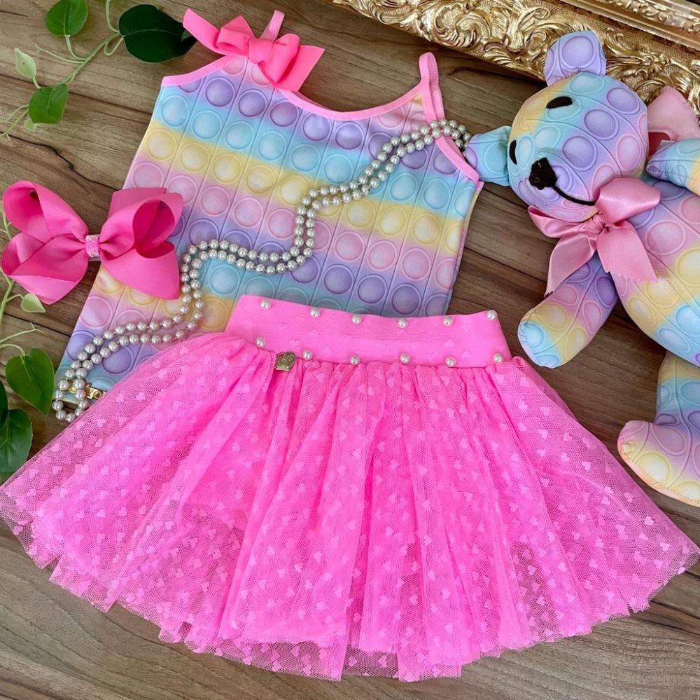 Conjunto Infantil Regata Candy Colors Fidget Toys Pop It e Saia Pink de Tule com Shorts e Perólas Yo