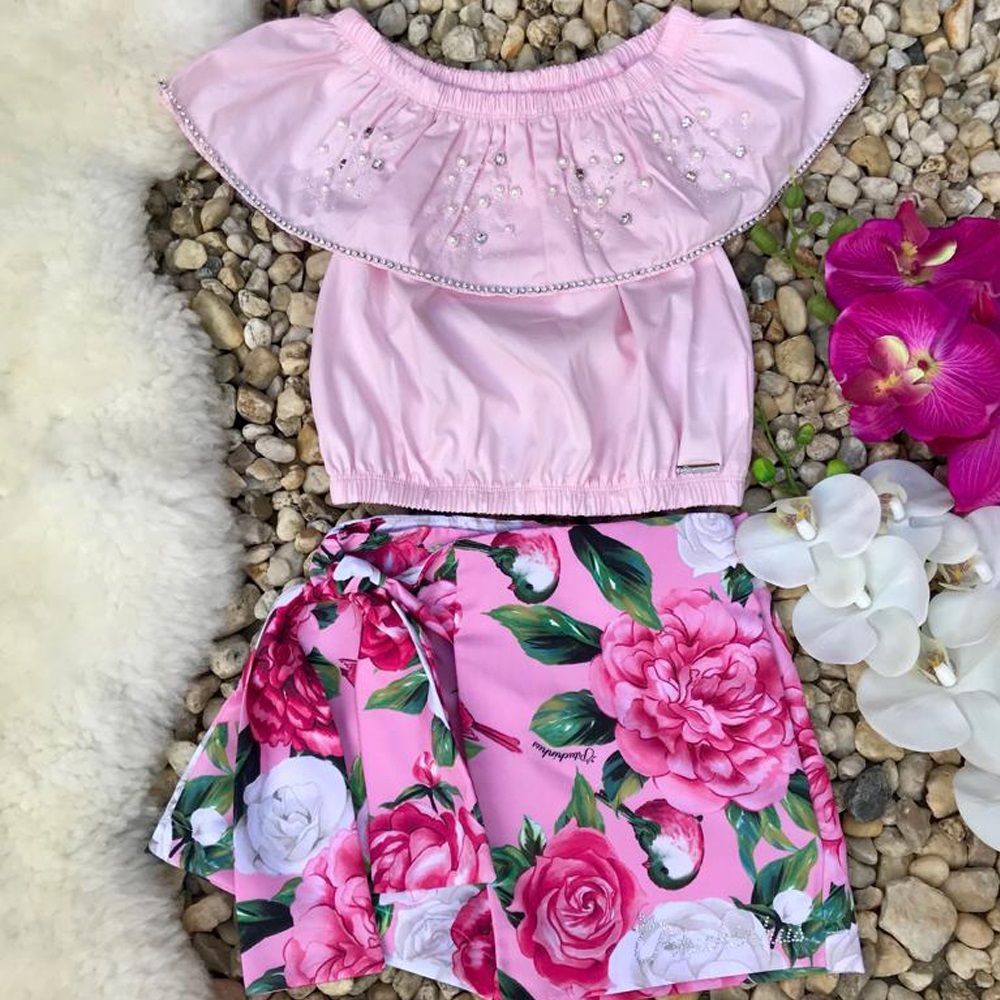 Conjunto Infantil Rosa com Shorts Saia Floral Birds and Roses Pituchinhus