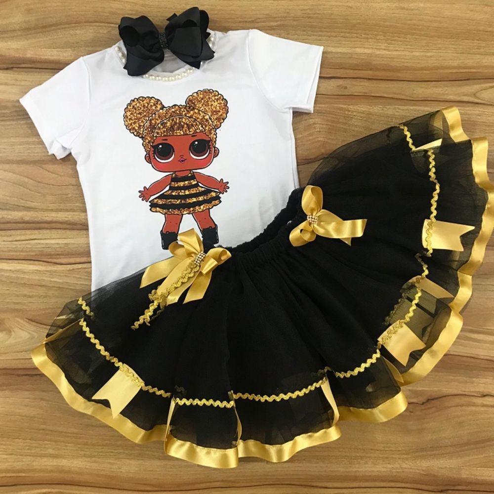 Conjunto Infantil Junino Saia de Tule e Camiseta Lol Queen Bee Preto Euro Baby