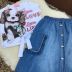Conjunto Infantil Saia Midi Jeans e Blusinha com Strass Love Dog Pituchinhus
