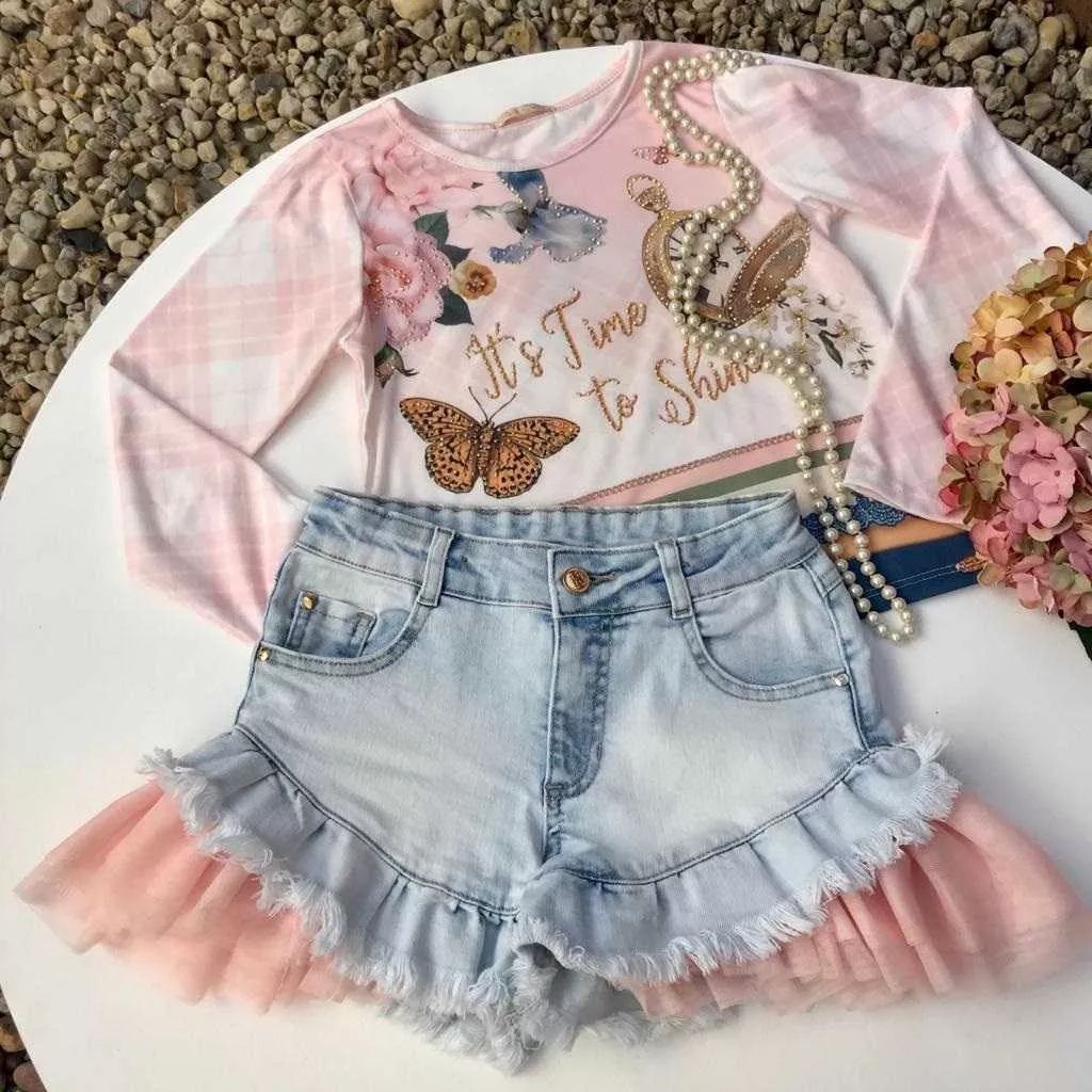 Conjunto Infantil Shorts com Tule e Blusa Manga Longa It's Time to Shine Petit Cherie