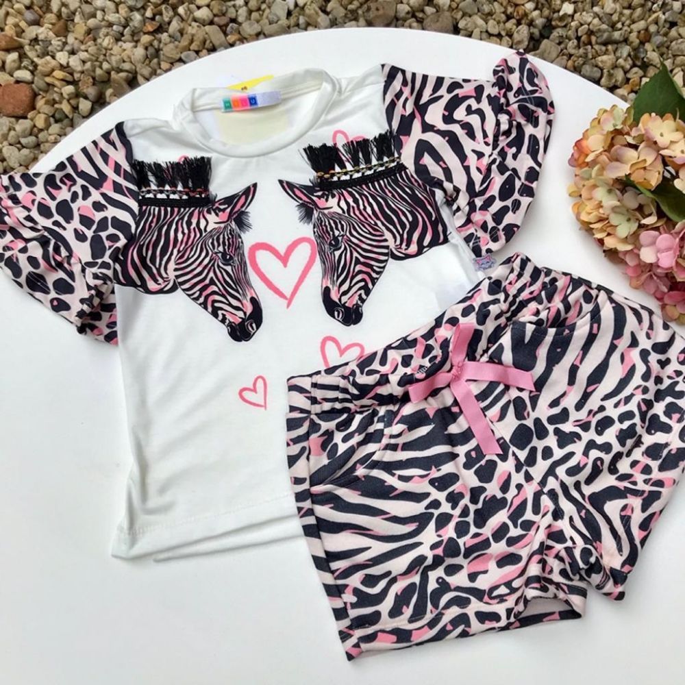 Conjunto Infantil Shorts de Moletom e Camiseta Rosa Zebras MyLu