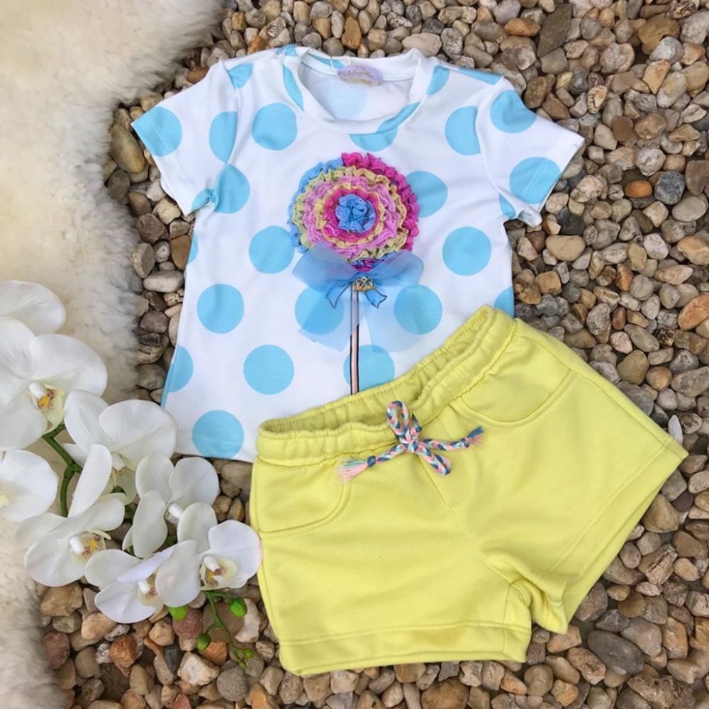 Conjunto Infantil Shorts e Blusa Poá Amarelo e Azul Summer Lollipop Luluzinha