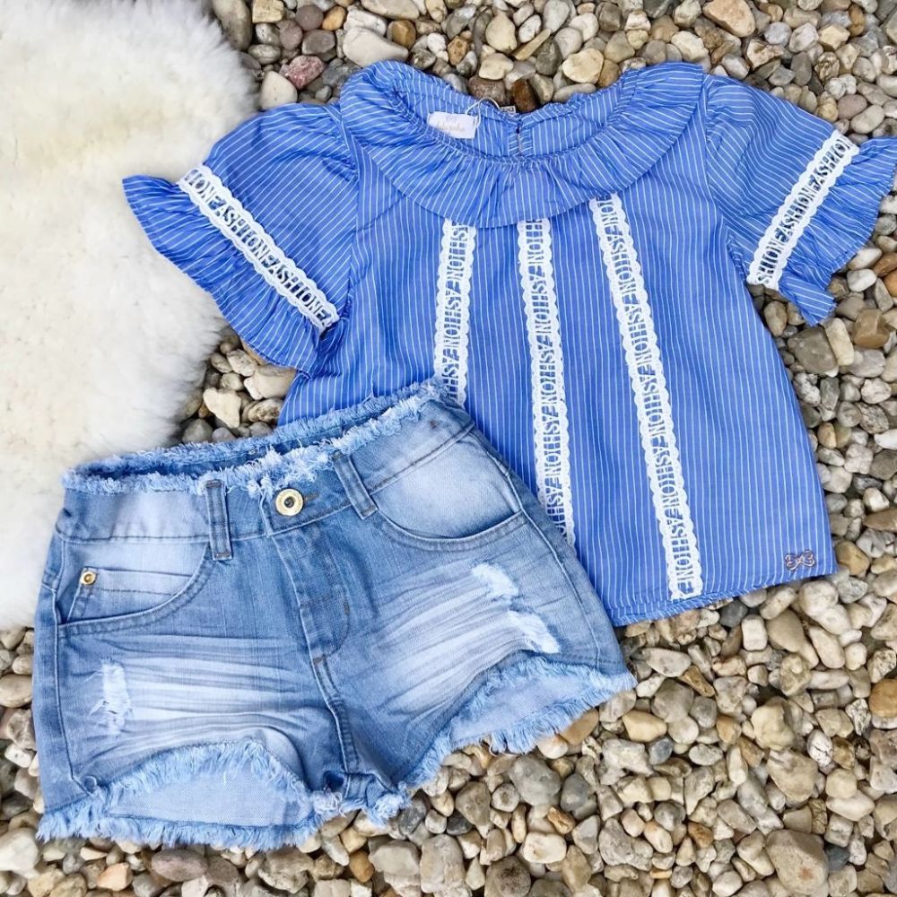 Conjunto Infantil Shorts Jeans e Bata Listrada com Renda Fashion Azul Luluzinha