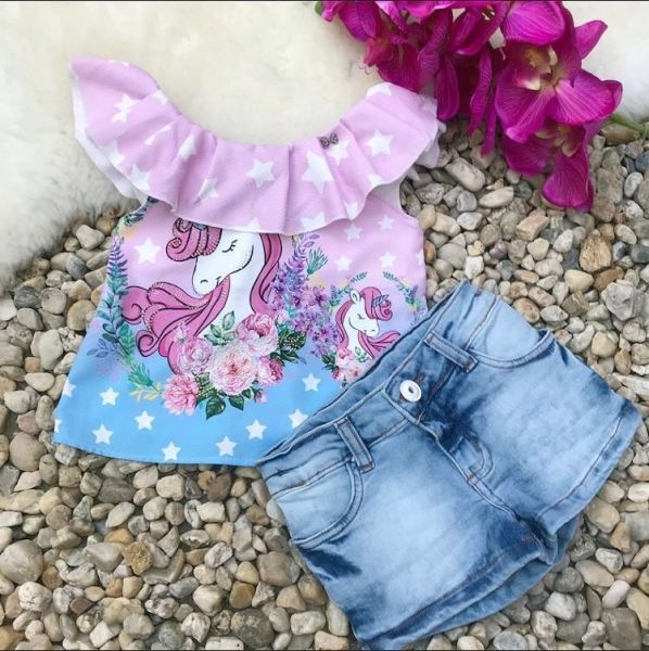 Conjunto Infantil Shorts Jeans e Blusinha com Strass Unicórnios Encantados Rosa Luluzinha