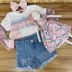 Conjunto Infantil Três Peças Body Butterfly Cropped Off White Furinhos e Shorts Jeans Style Petit Ch