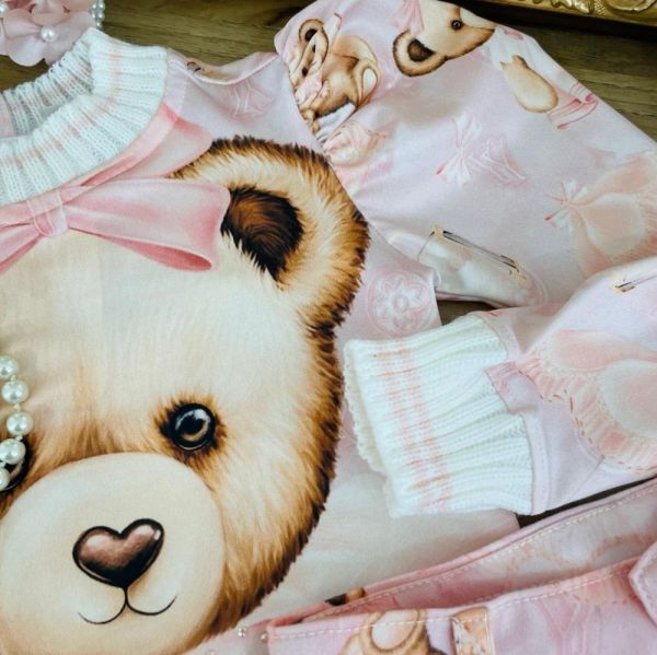 Conjunto Feminino Infantil Yoyo Rosa Manga Longa Boneca com Calça de Ursas  na EuroBabyKids