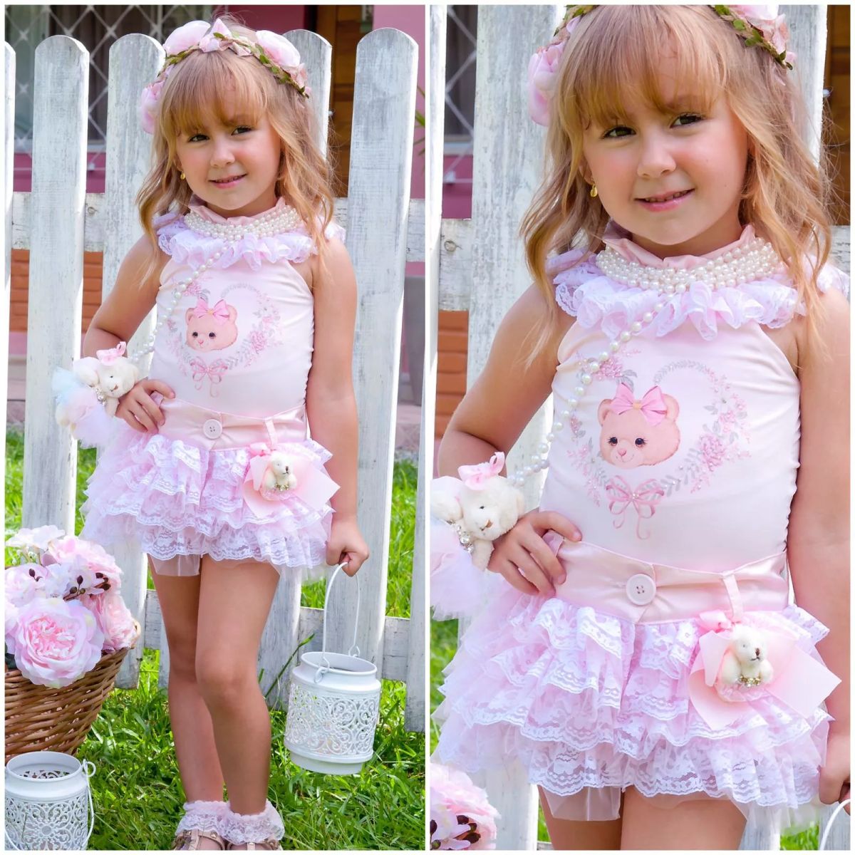 Conjunto Feminino Infantil Yoyo Rosa Manga Longa Boneca com Calça de Ursas  na EuroBabyKids