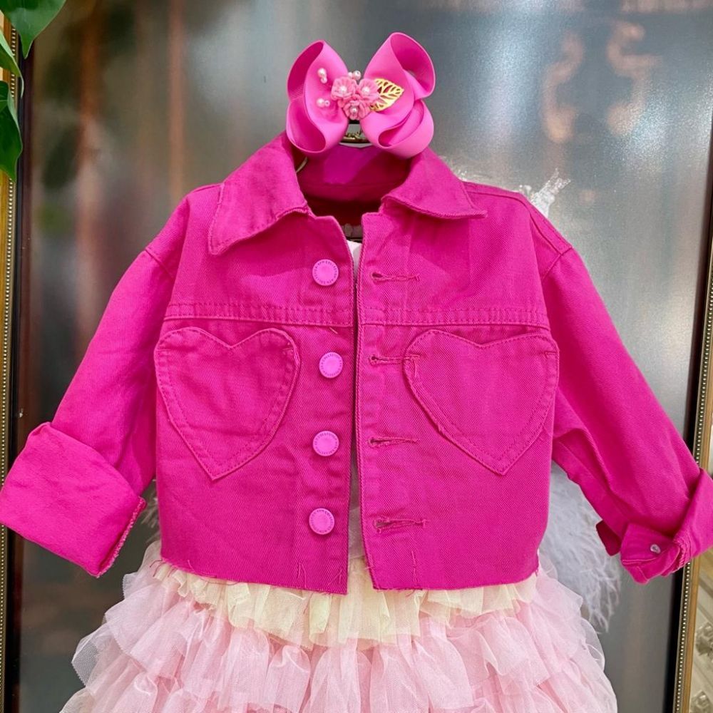 Jaqueta Infantil Feminina Euro Baby Kids Pink de Sarja com Bolso Coração Cropped