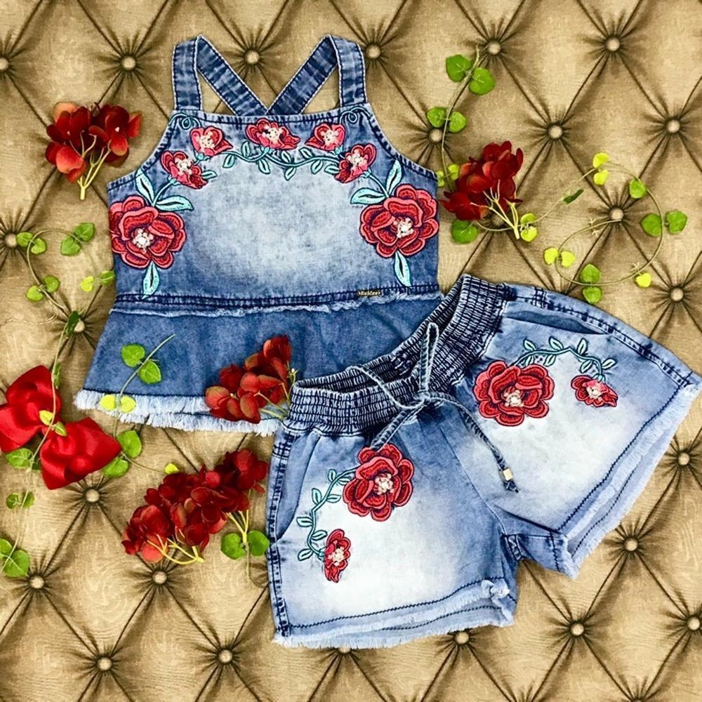 Conjunto Infantil Jeans Floral Kukixo