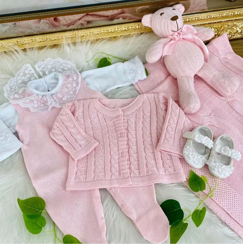 Kit Saída de Maternidade Trama Trança Tricot Rosa e Branco Euro Baby