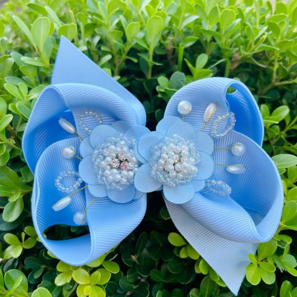 Laço Infantil de Gorgorão Azul Bordado Arranjo Floral G Euro Baby 