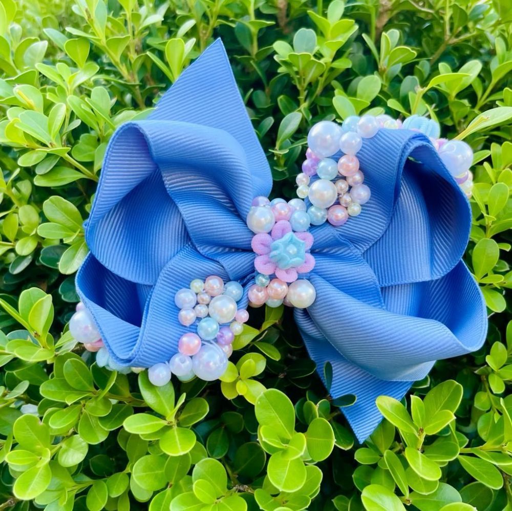 Laço Infantil de Gorgorão Azul Bordado com Pérolas Coloridas e Aplique de Flor G Euro Baby 