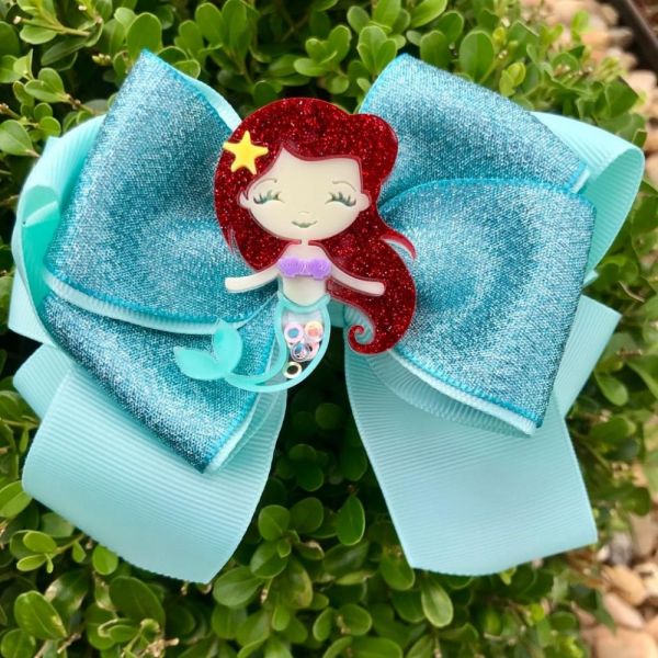 Laço Infantil Duplo de Gorgurão Verde Água e Fita Lurex Azul Glitter Aplique Ariel 3D G Euro Baby