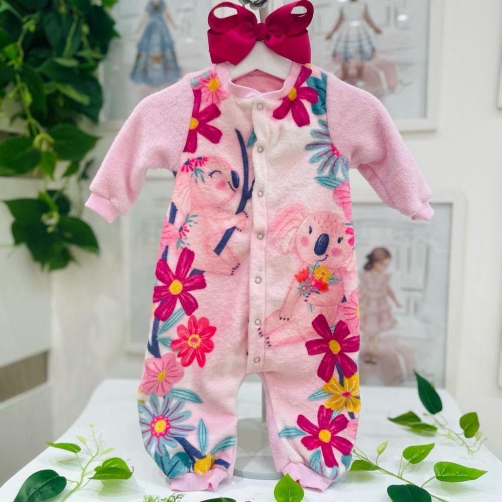 Macacão Infantil de Plush Rosa Estampado Coala Flowers Cute Mon Sucré