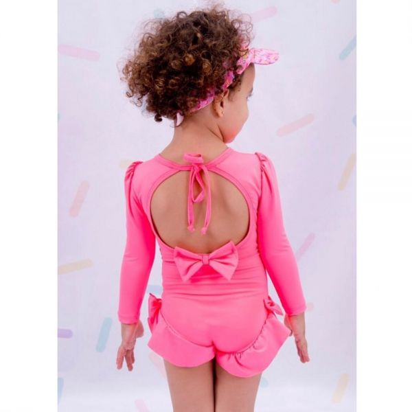 Maiô Infantil Estampa Surpresa Rosa Neon com Lacinhos Yoyo na