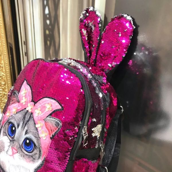 Mochila Infantil Metalizada Bordado de Gatinho com Orelhinhas