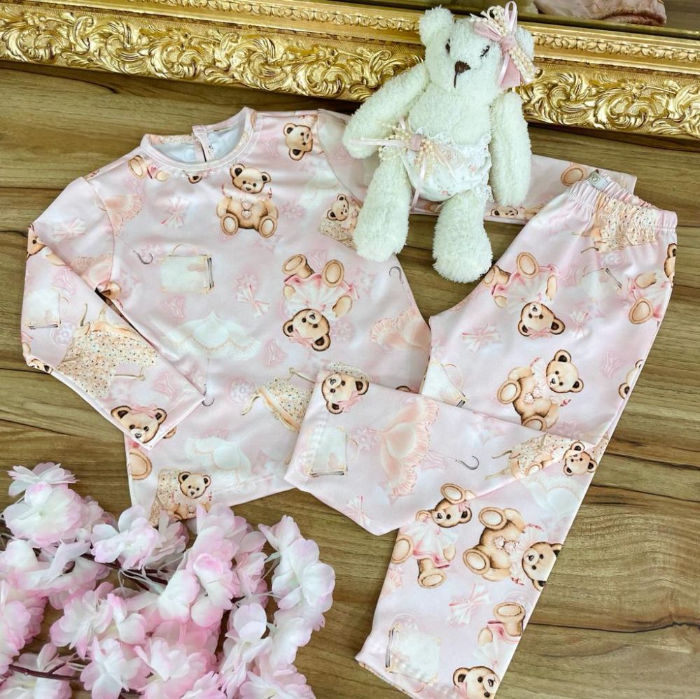 Pijama Infantil Blusa Manga Longa Rosa Ursas e Calça Yoyo