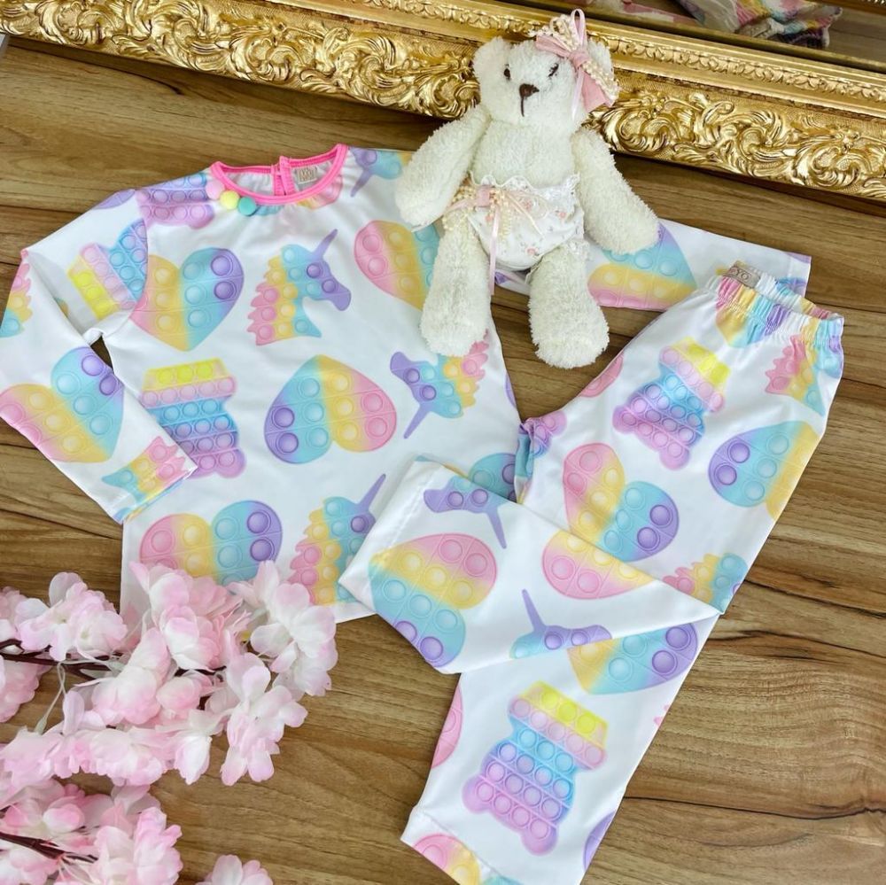 Pijama Infantil Blusa Off White Manga Longa Símbolos Fidget Toy Pop It e Calça Yoyo
