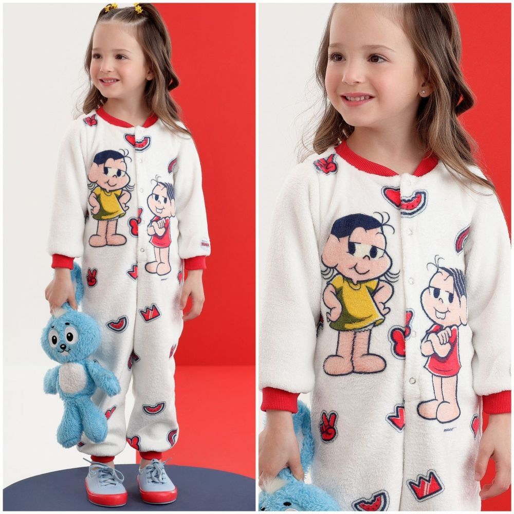 Pijama Macacão Infantil Branco Estampado Donas da Rua Turma da Mônica Mon Sucré 