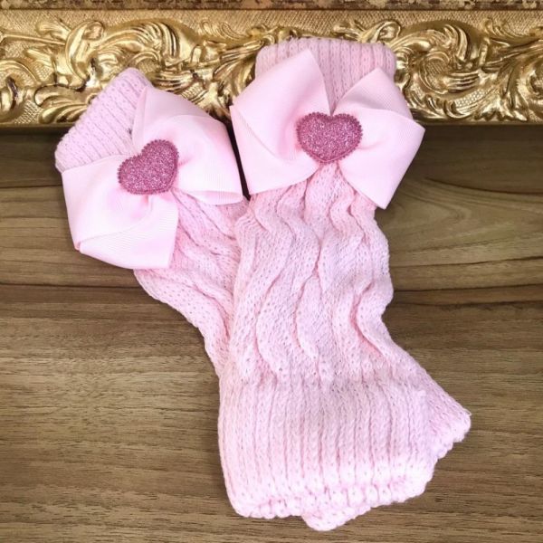 Polaina Infantil de Tricot Rosa Claro Com Laço Gorgurão e Coração Glitter Euro Baby