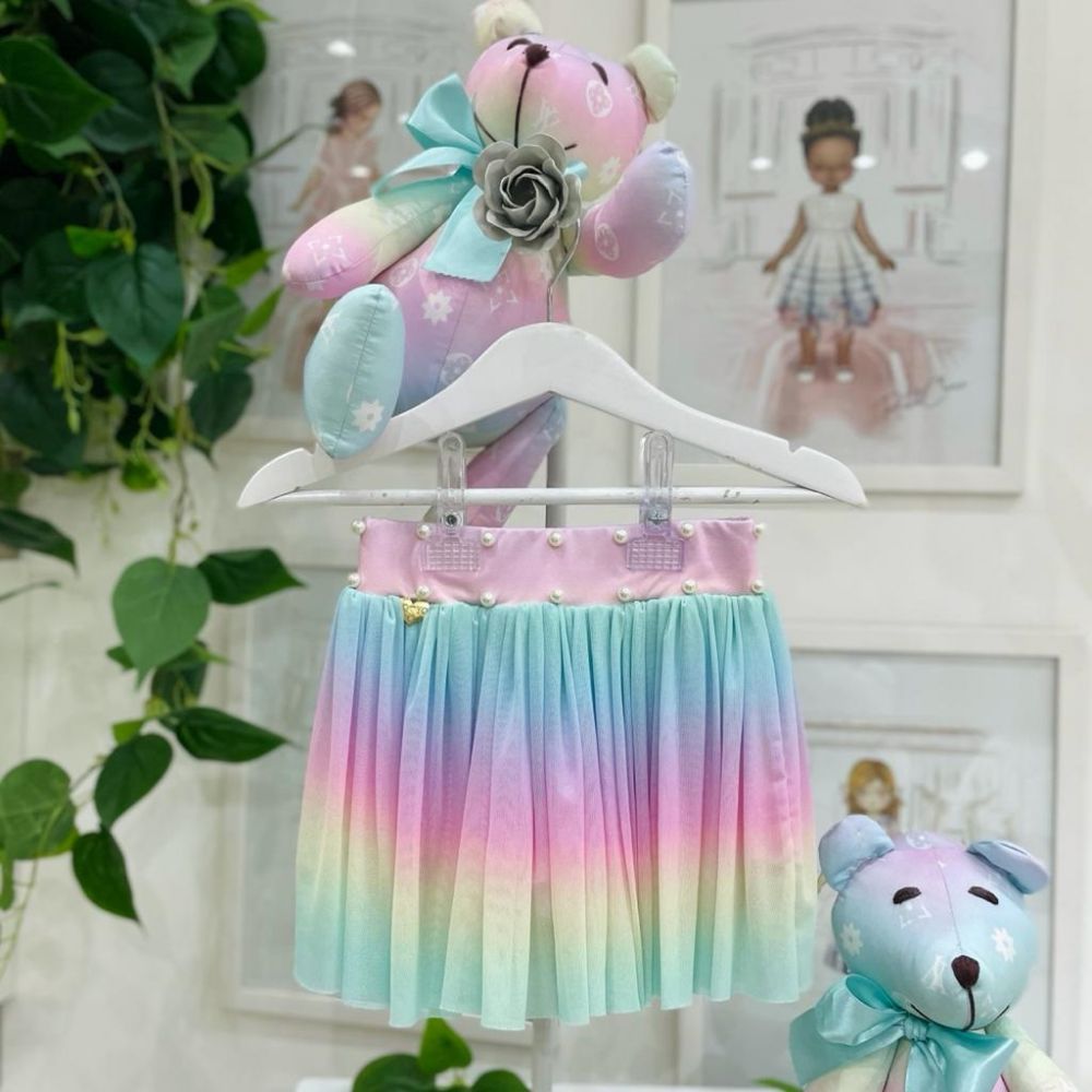 Saia Infantil Curta com Shorts Degradê Candy Color de Tule Com Aplicação de Pérolas Yoyo