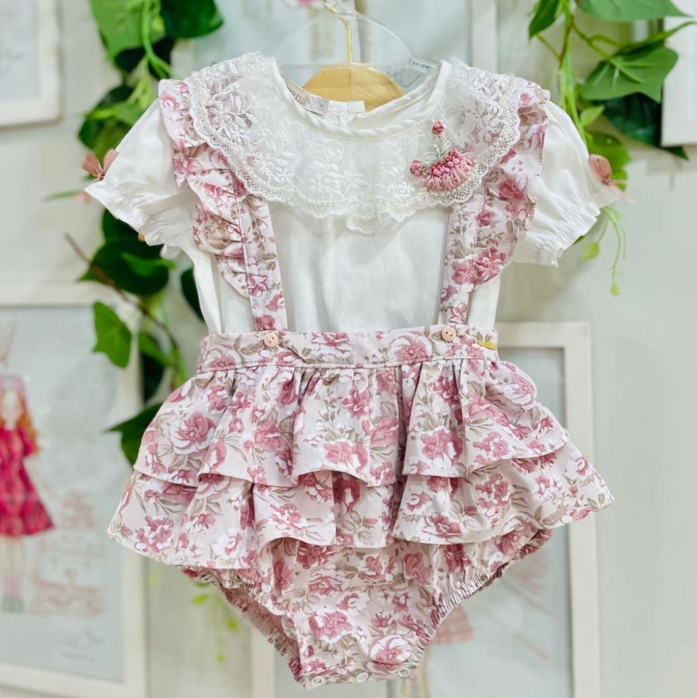 Salopete Infantil Roana Rose Estampa Floral com Body Off-White Renda Bordado Mini-Perolas e Flores 