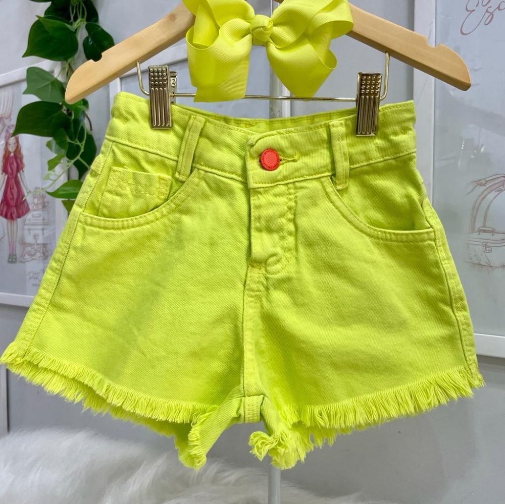 Shorts Infantil Feminino Euro Baby Kids Verde Neon de Sarja Barra Desfiada