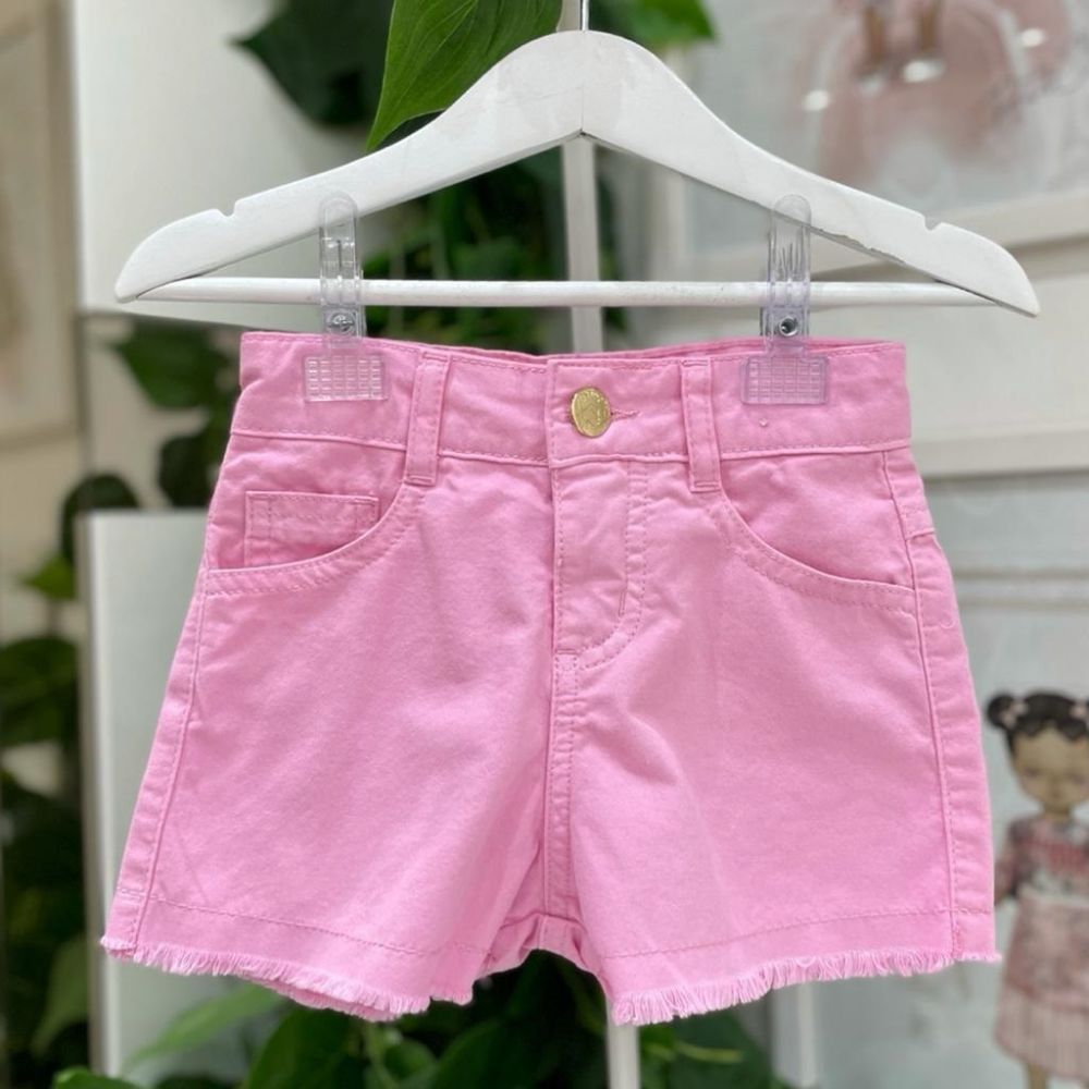 Shorts Infantil Jeans Basic Rosa Claro Barra Desfiada Mon Sucré
