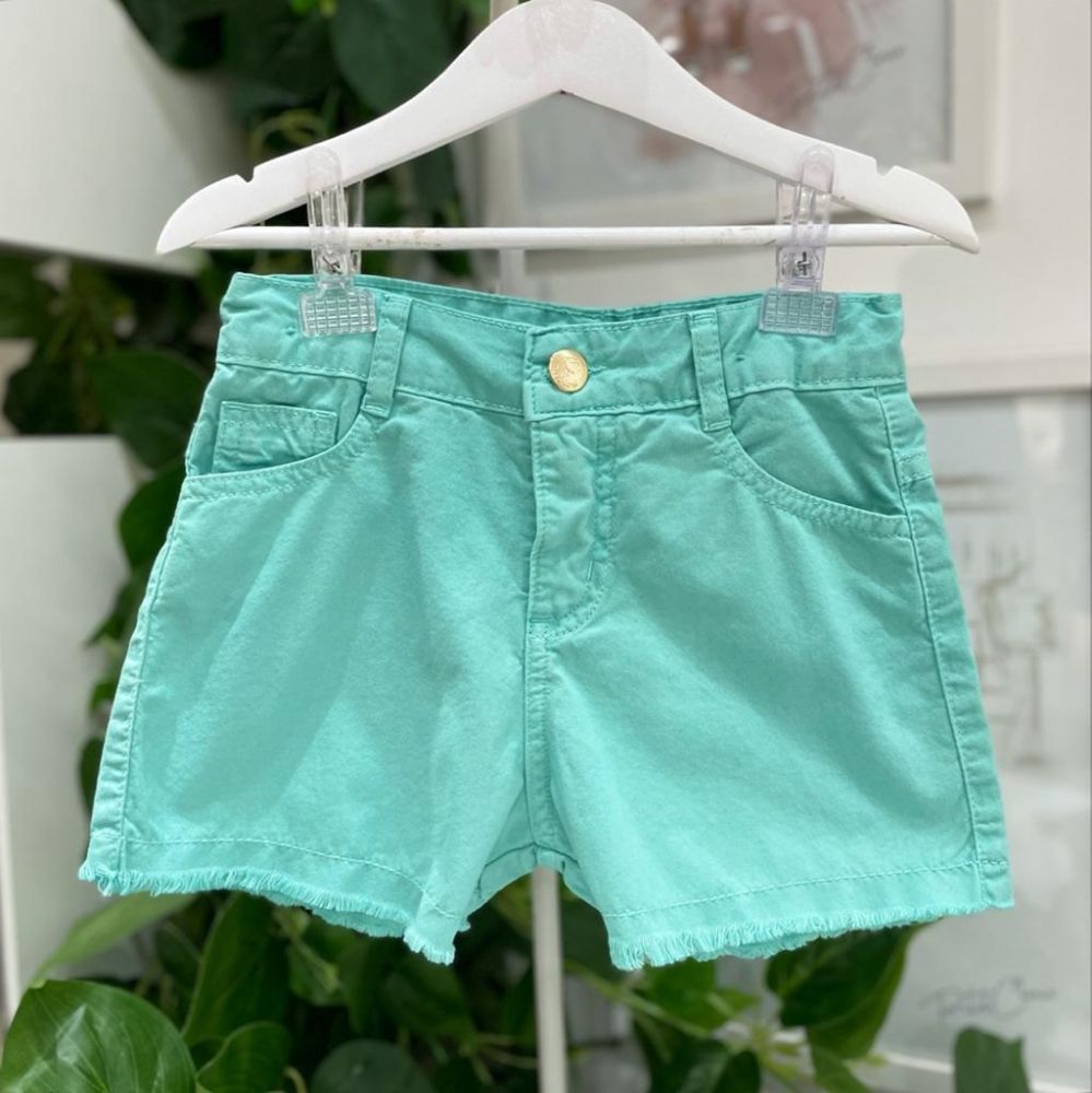 Shorts Infantil Jeans Basic Verde Jade Barra Desfiada Mon Sucré