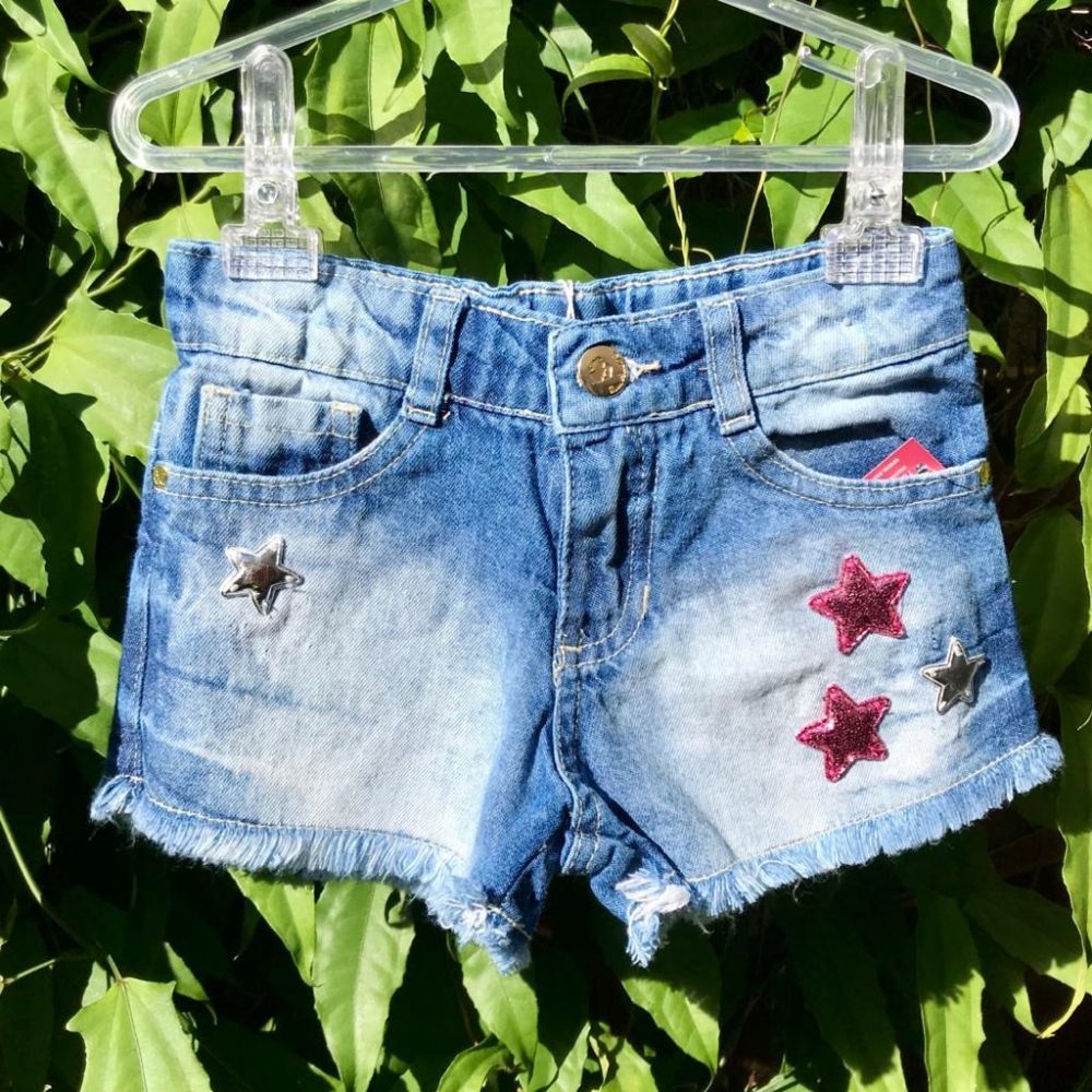 Shorts Infantil Jeans com Patches de Paetês Super Stars Mon Sucré